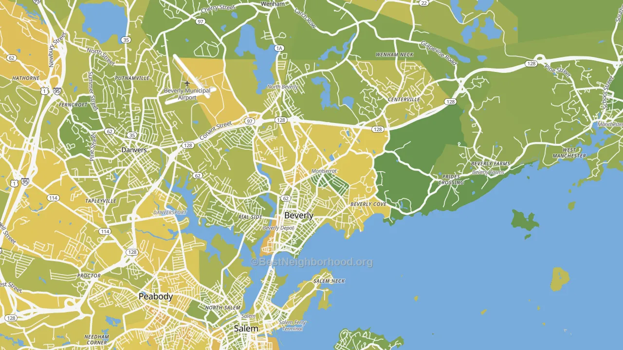 Map of the best neighborhoods in the Beverly area, with better matches in green and worse matches in red