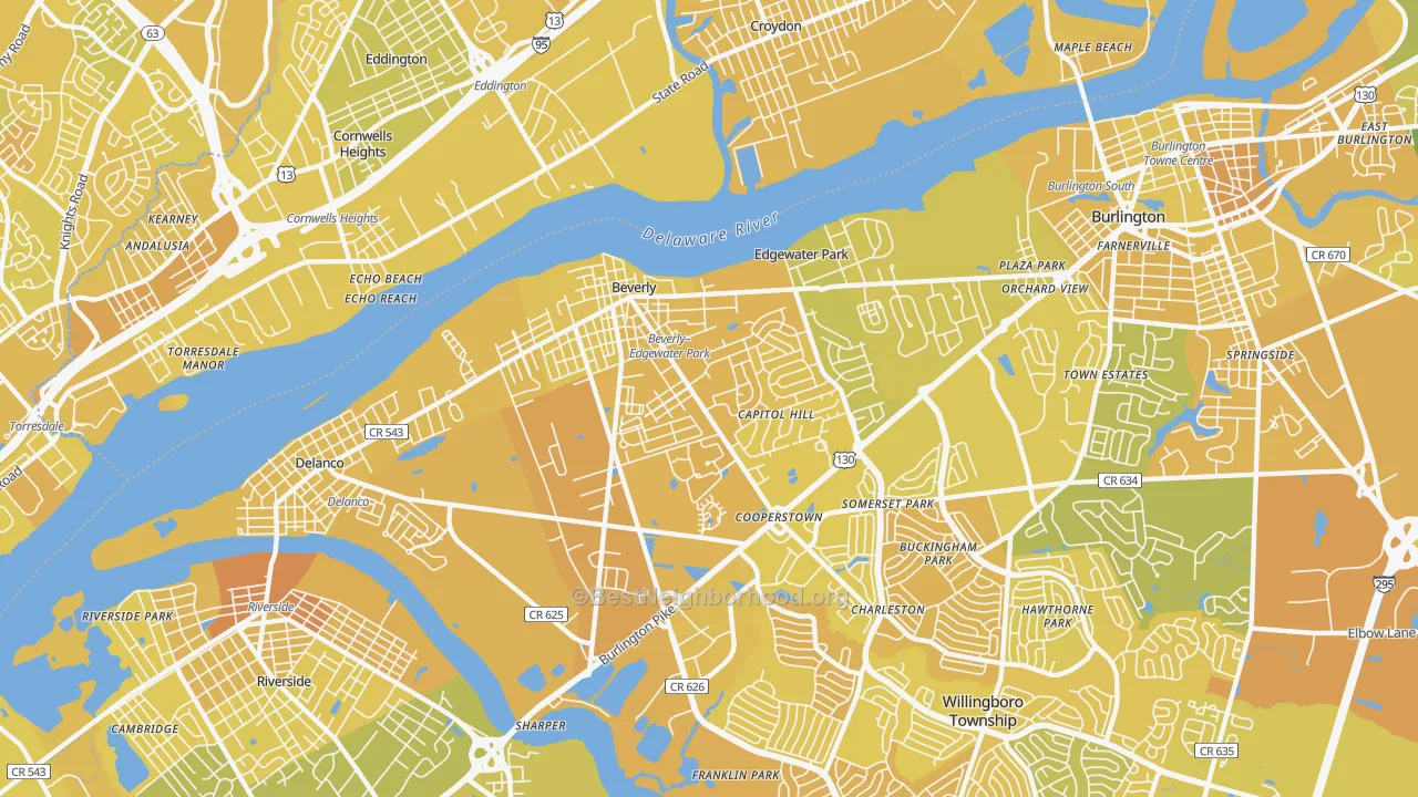 Map of the best neighborhoods in the Beverly area, with better matches in green and worse matches in red