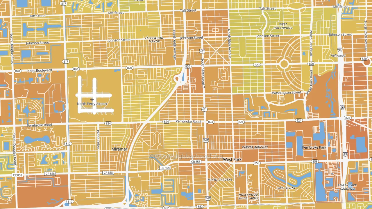 Map of the best neighborhoods in the Beverly Park, Hollywood area, with better matches in green and worse matches in red