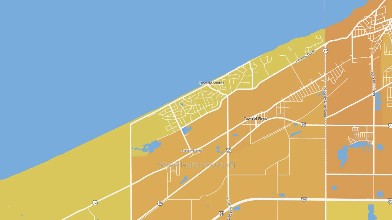 Map of the best neighborhoods in the Beverly Shores area, with better matches in green and worse matches in red
