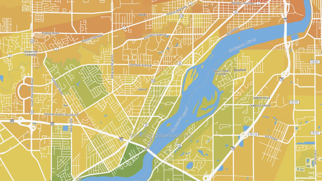 Map of the best neighborhoods in the Beverly, Toledo area, with better matches in green and worse matches in red