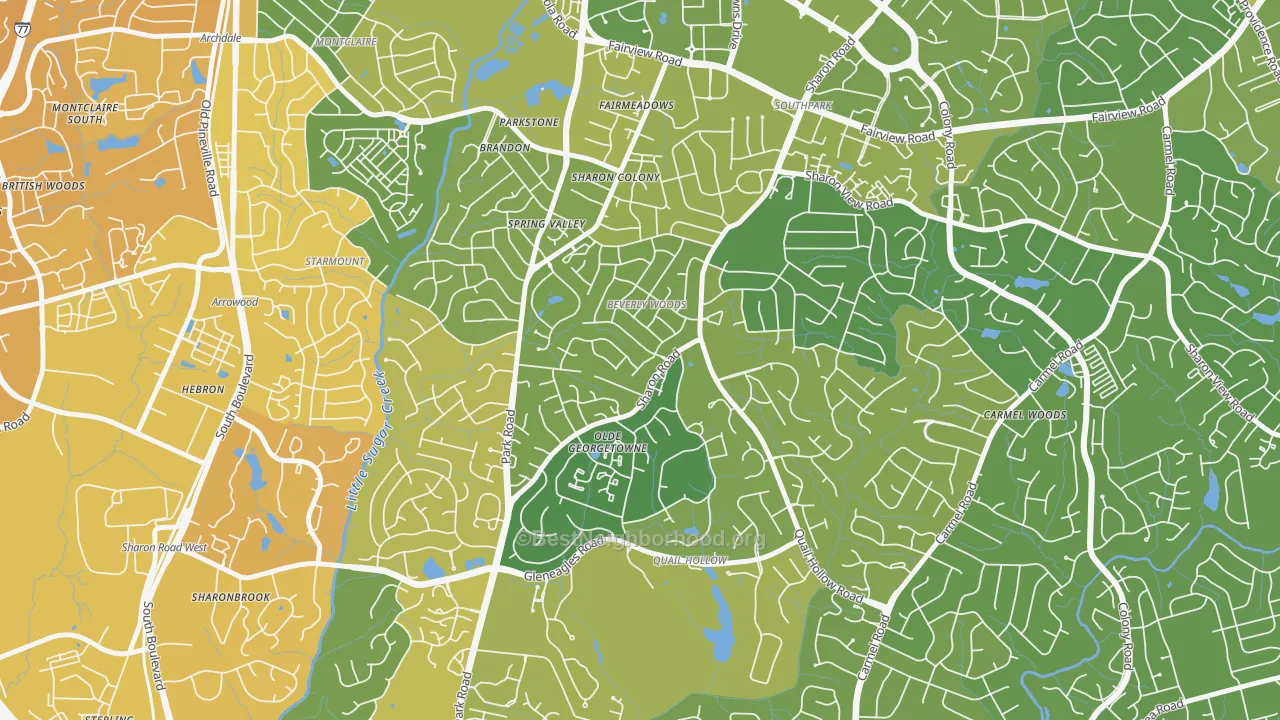 Map of the best neighborhoods in the Beverly Woods, Charlotte area, with better matches in green and worse matches in red