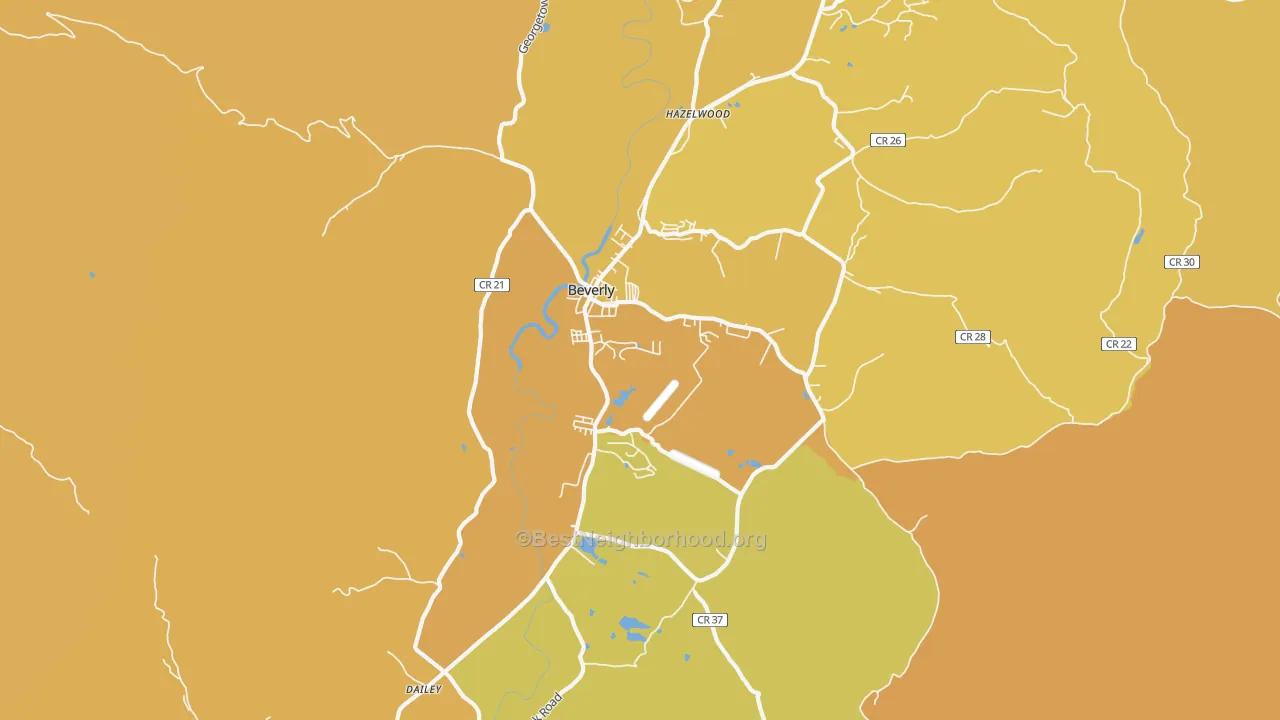 Map of the best neighborhoods in the Beverly area, with better matches in green and worse matches in red