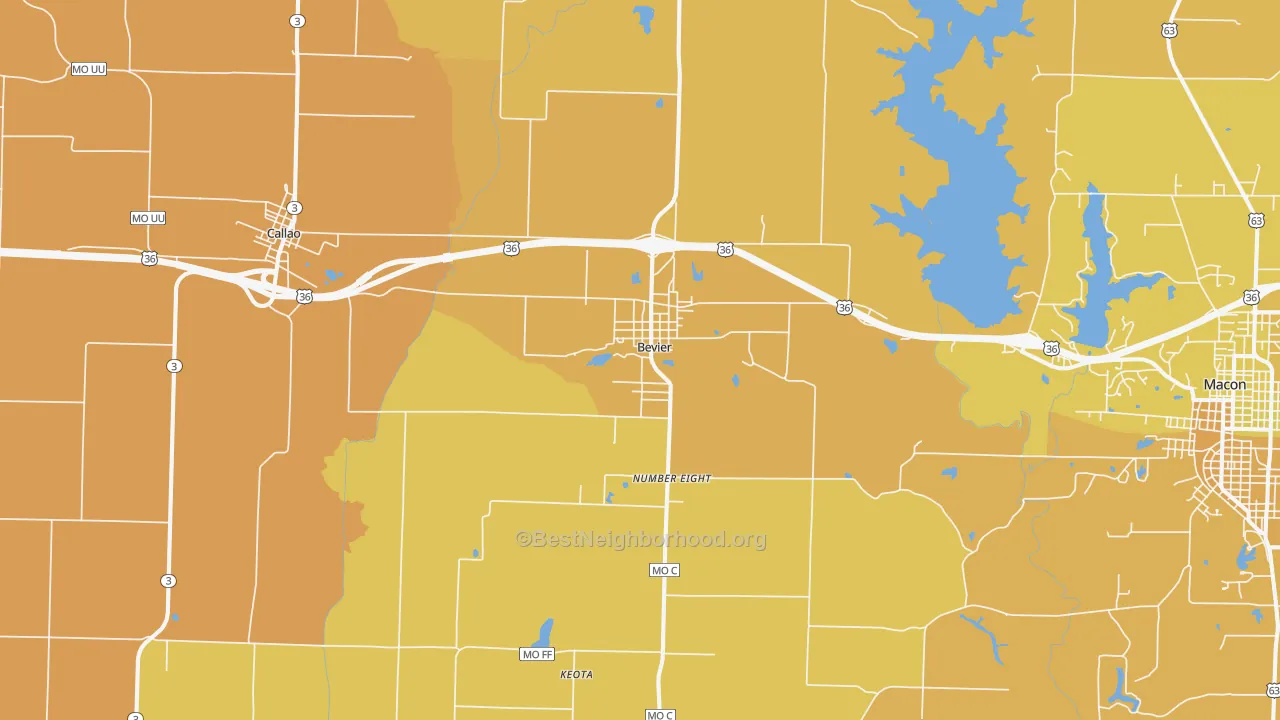 Map of the best neighborhoods in the Bevier area, with better matches in green and worse matches in red