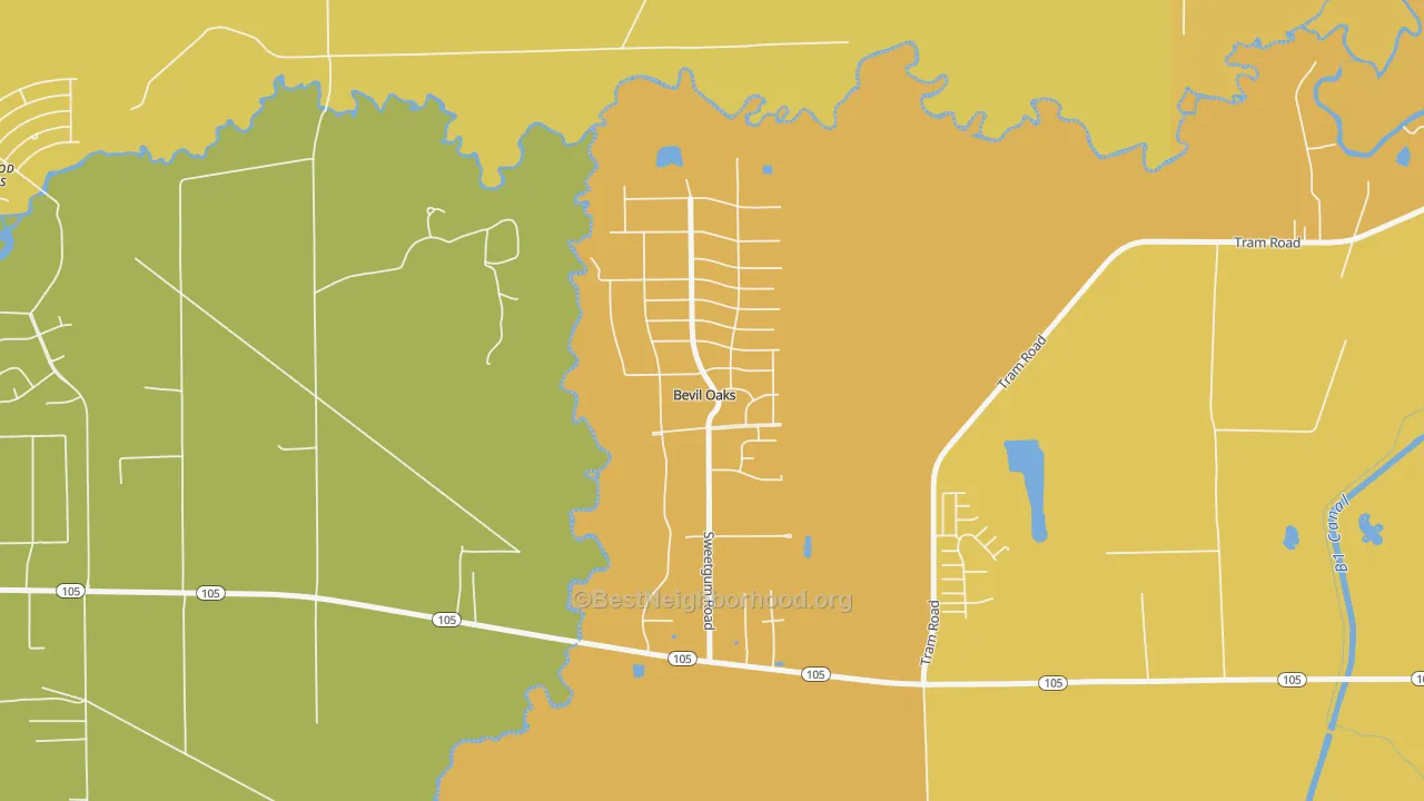Map of the best neighborhoods in the Bevil Oaks area, with better matches in green and worse matches in red