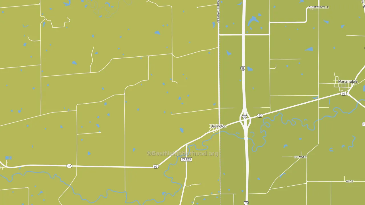 Map of the best neighborhoods in the Bevington area, with better matches in green and worse matches in red