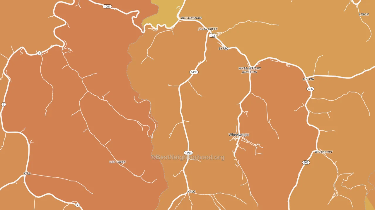 Map of the best neighborhoods in the Bevinsville area, with better matches in green and worse matches in red