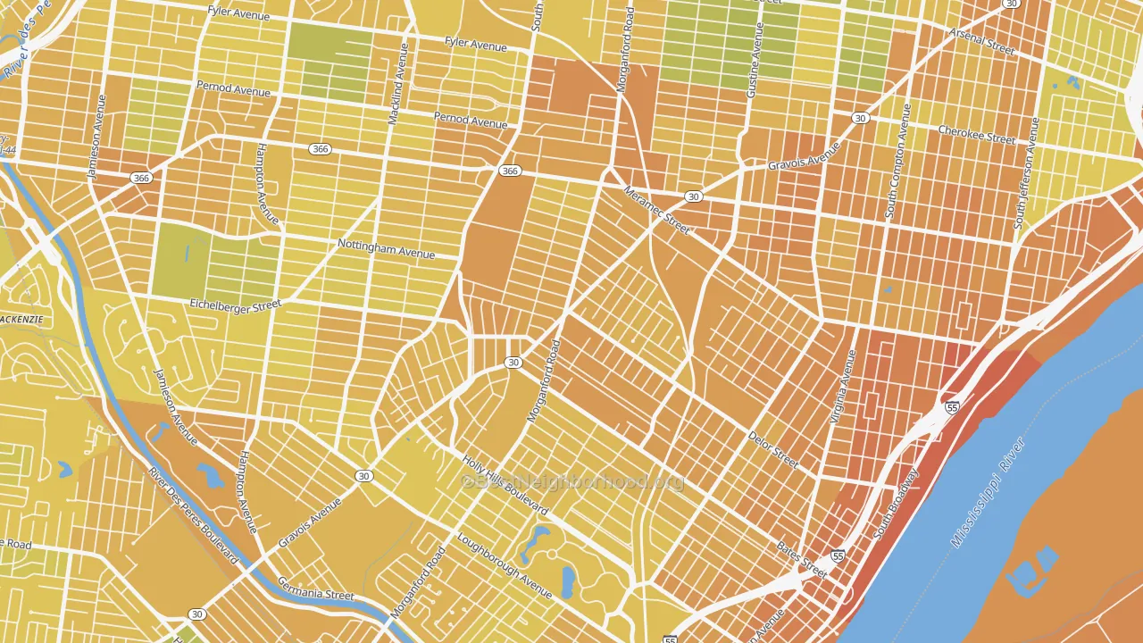 Map of the best neighborhoods in the Bevo Mill, St. Louis area, with better matches in green and worse matches in red