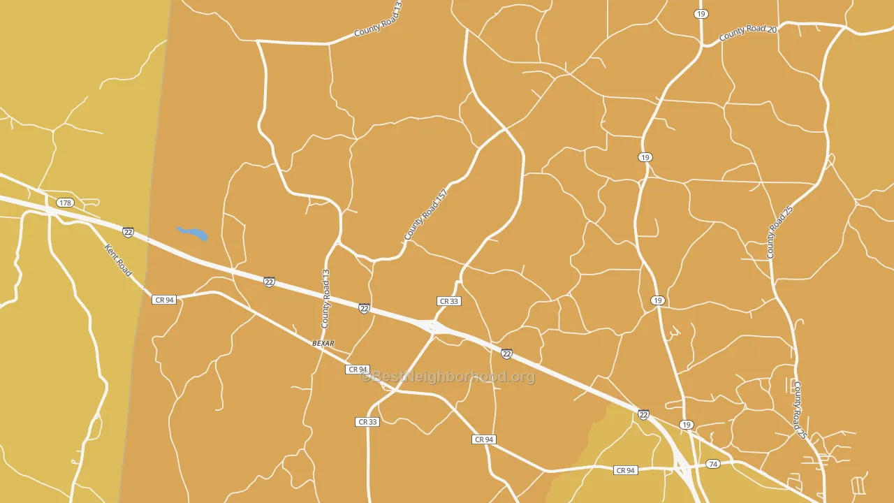 Map of the best neighborhoods in the Bexar area, with better matches in green and worse matches in red