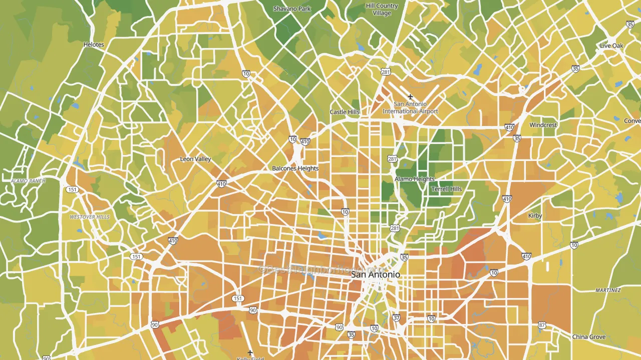 Map of the best neighborhoods in the Bexar County area, with better matches in green and worse matches in red