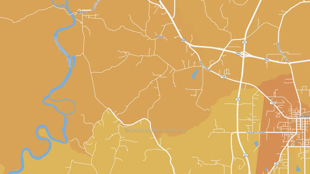 Map of the best neighborhoods in the Bexley area, with better matches in green and worse matches in red