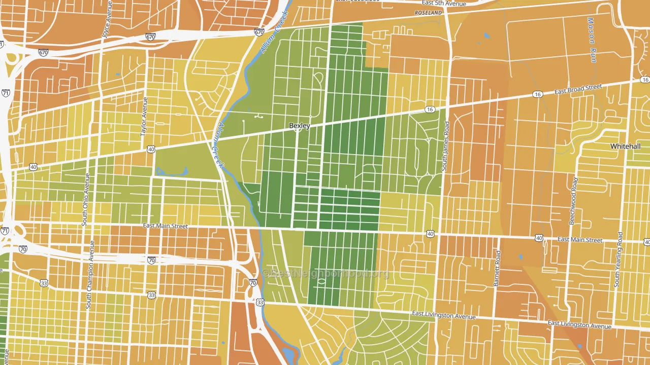 Map of the best neighborhoods in the Bexley area, with better matches in green and worse matches in red