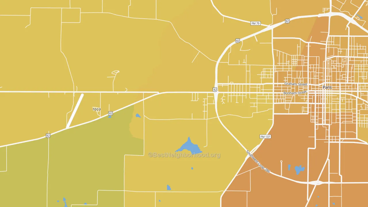 Map of the best neighborhoods in the Biardstown area, with better matches in green and worse matches in red