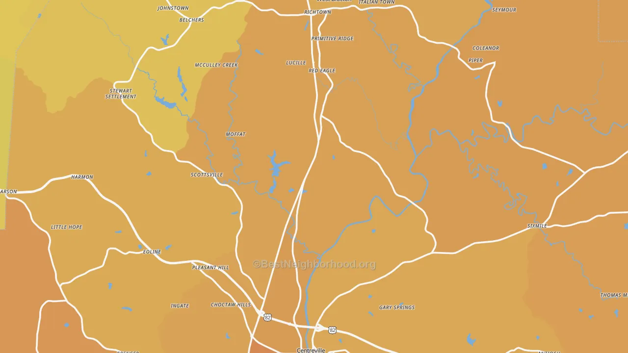 Map of the best neighborhoods in the Bibb County area, with better matches in green and worse matches in red