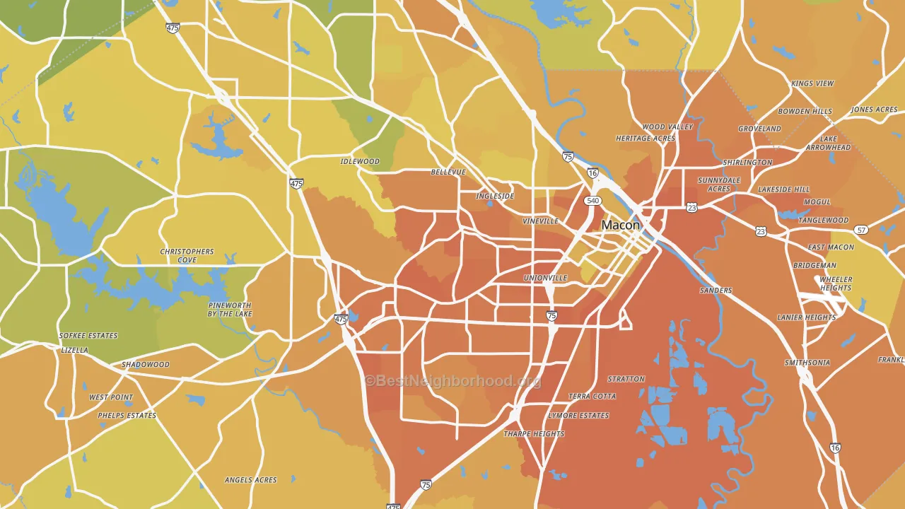 Map of the best neighborhoods in the Bibb County area, with better matches in green and worse matches in red
