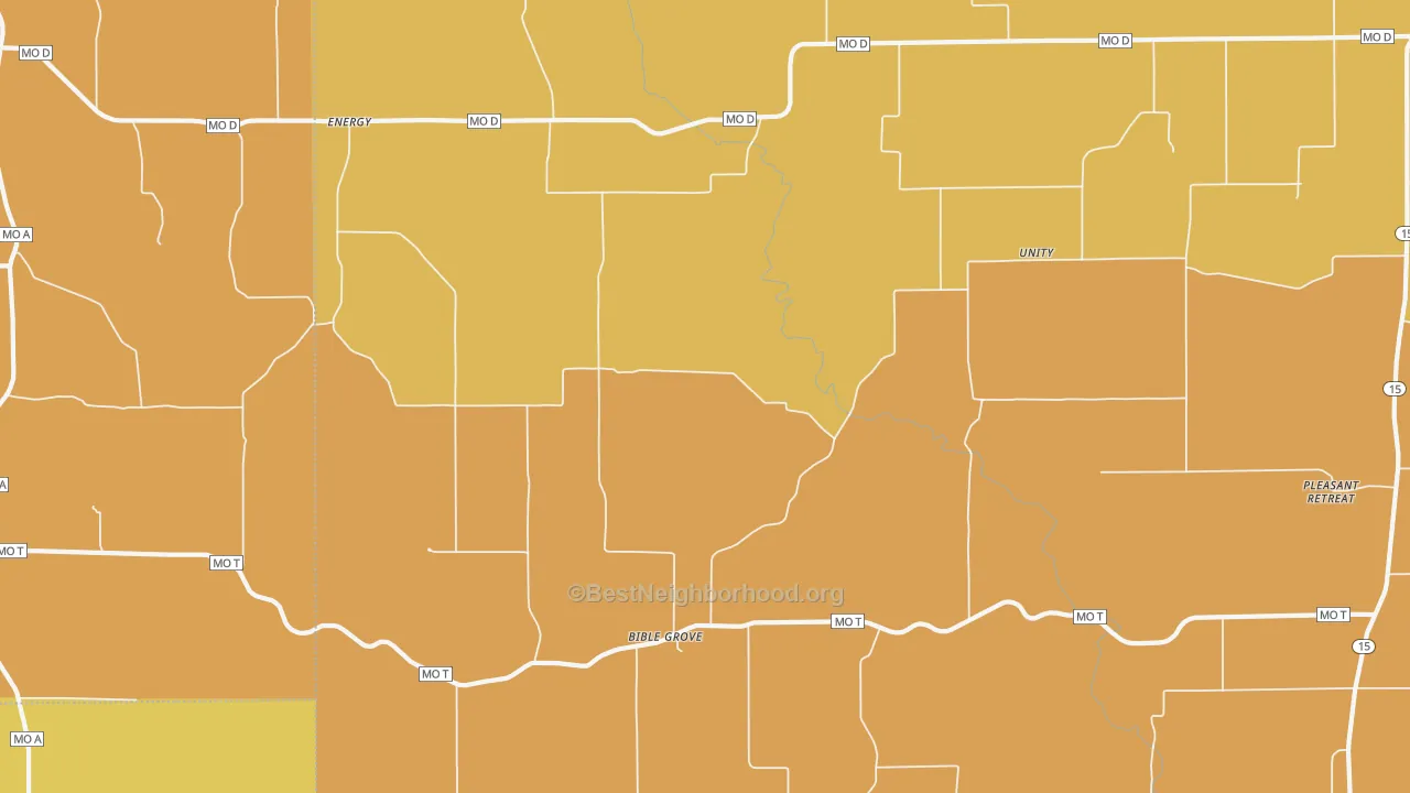 Map of the best neighborhoods in the Bible Grove area, with better matches in green and worse matches in red