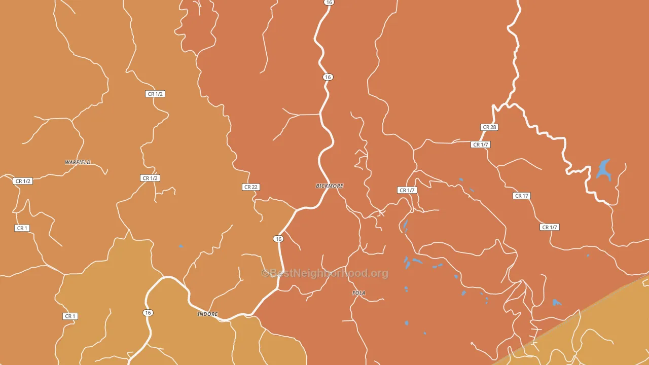 Map of the best neighborhoods in the Bickmore area, with better matches in green and worse matches in red