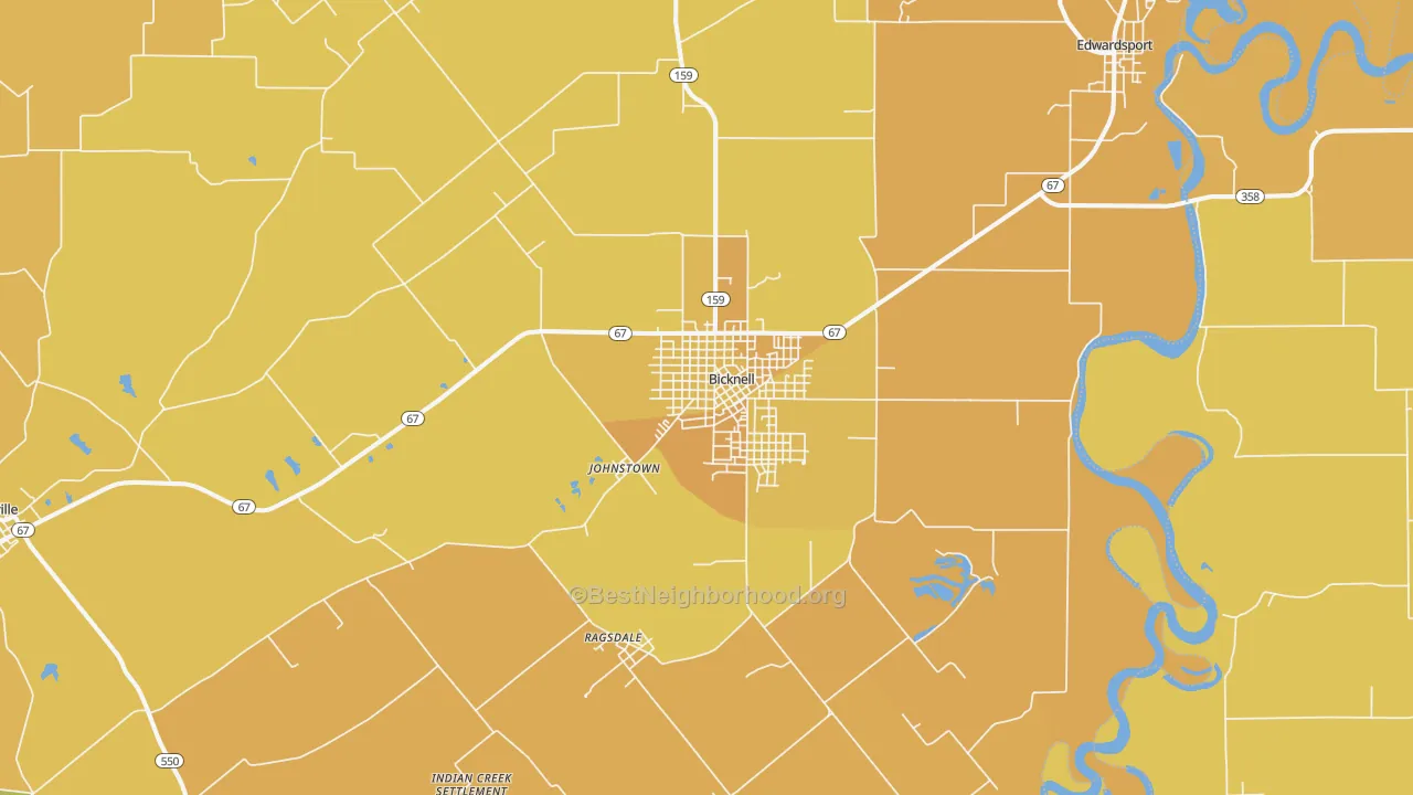 Map of the best neighborhoods in the Bicknell area, with better matches in green and worse matches in red