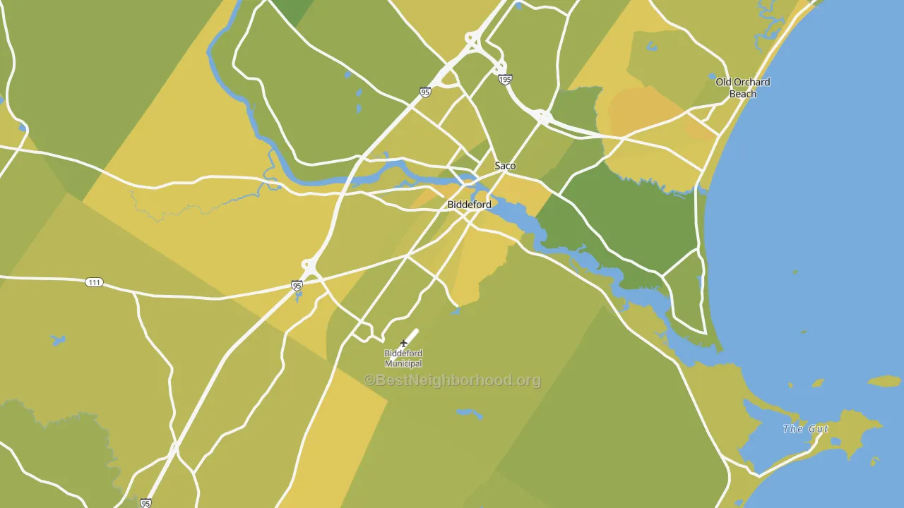 Map of the best neighborhoods in the Biddeford area, with better matches in green and worse matches in red