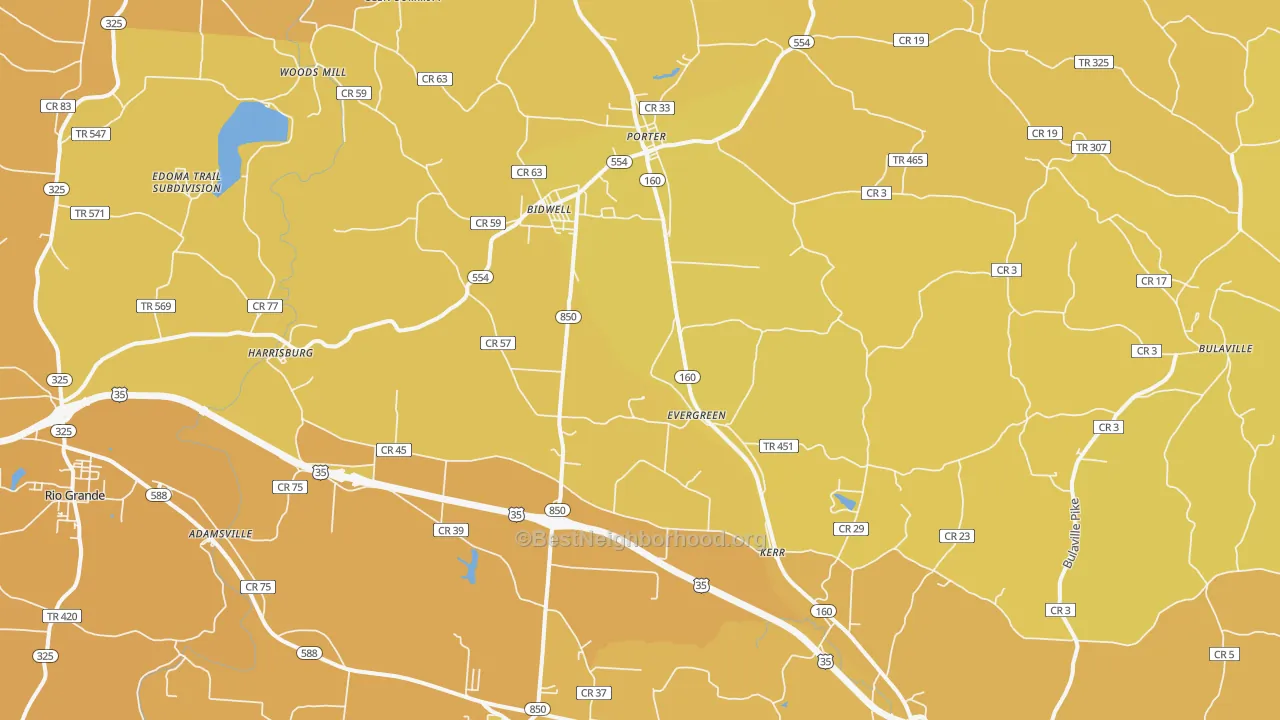 Map of the best neighborhoods in the Bidwell area, with better matches in green and worse matches in red
