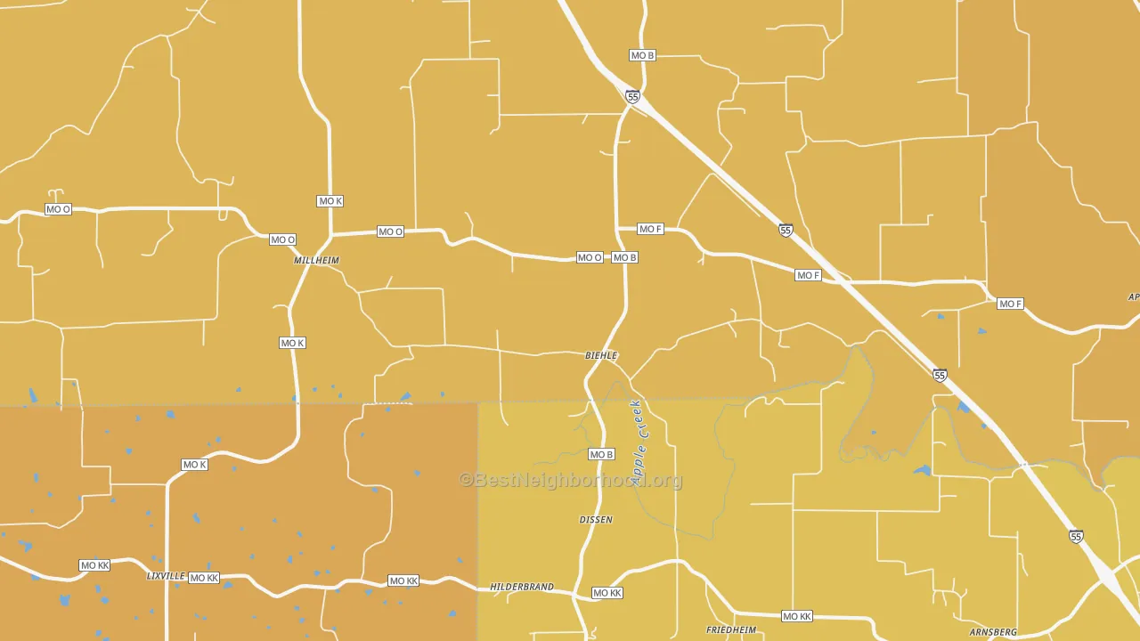 Map of the best neighborhoods in the Biehle area, with better matches in green and worse matches in red