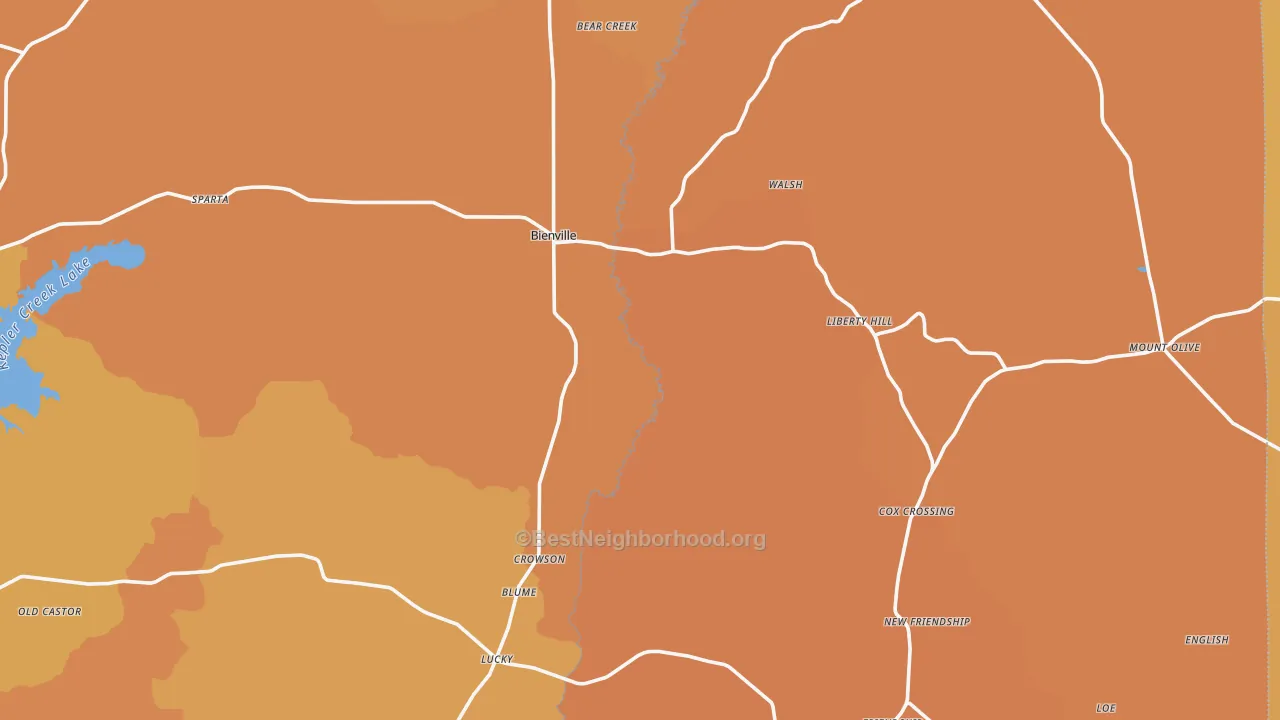 Map of the best neighborhoods in the Bienville area, with better matches in green and worse matches in red