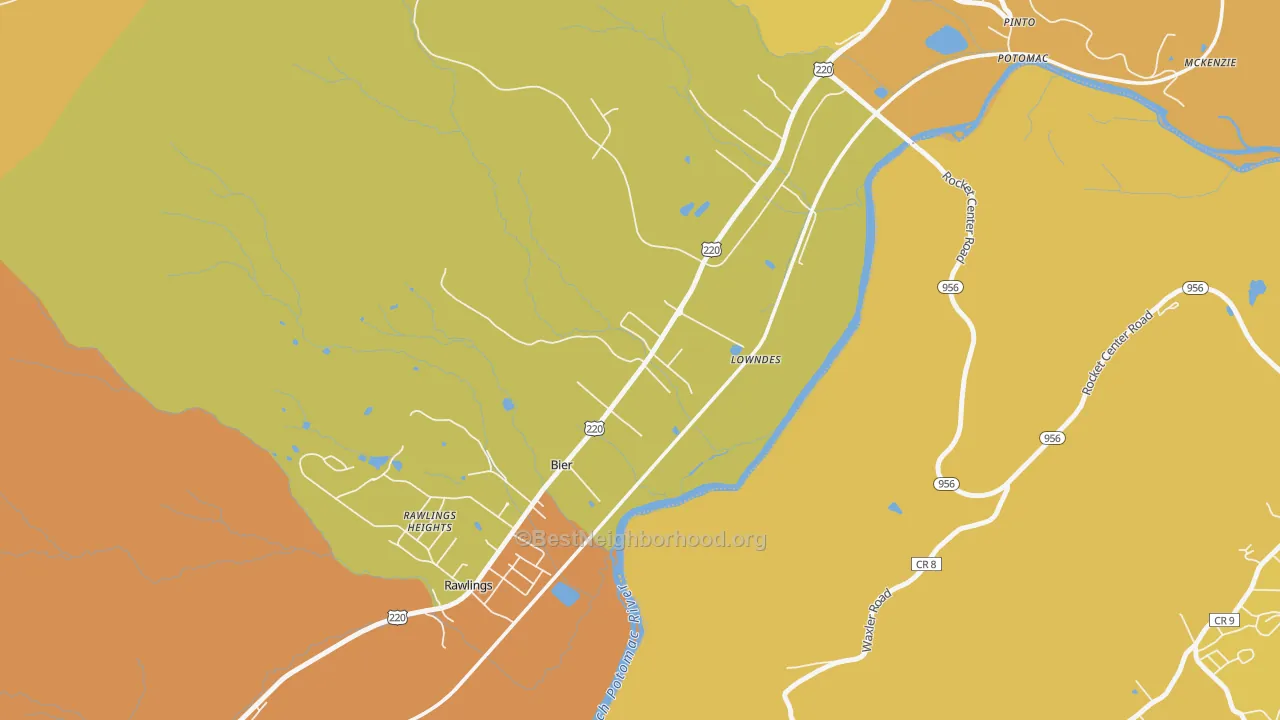 Map of the best neighborhoods in the Bier area, with better matches in green and worse matches in red