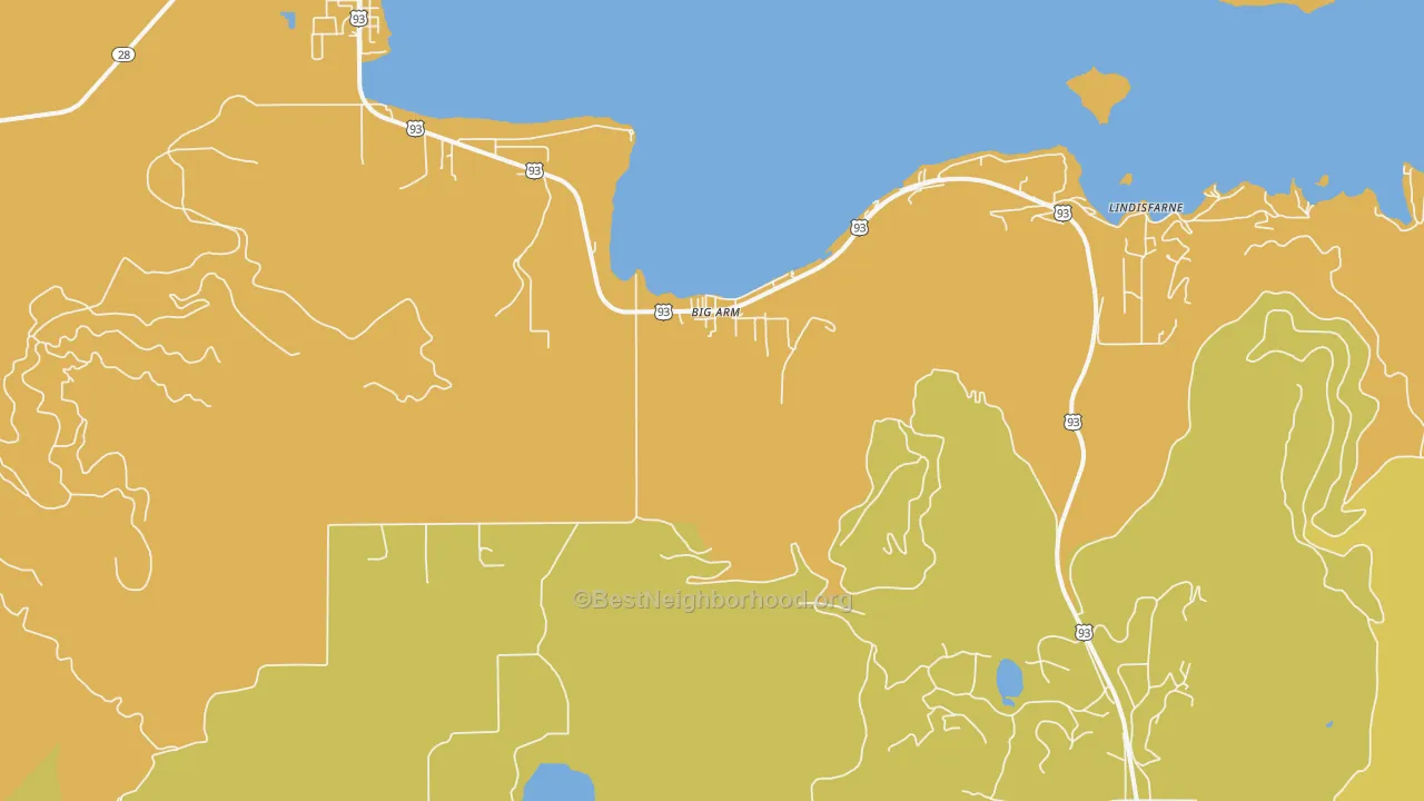 Map of the best neighborhoods in the Big Arm area, with better matches in green and worse matches in red
