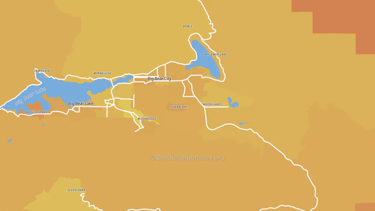 Map of the best neighborhoods in the Big Bear area, with better matches in green and worse matches in red