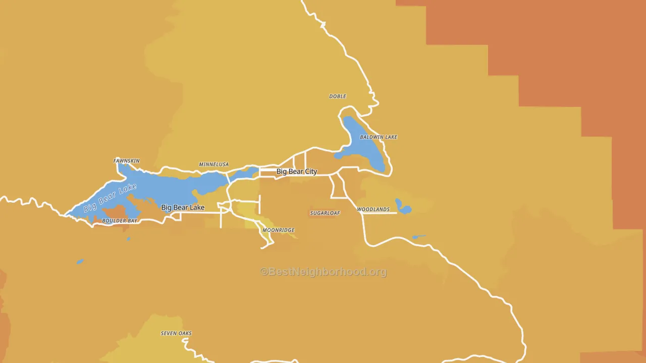Map of the best neighborhoods in the Big Bear City area, with better matches in green and worse matches in red