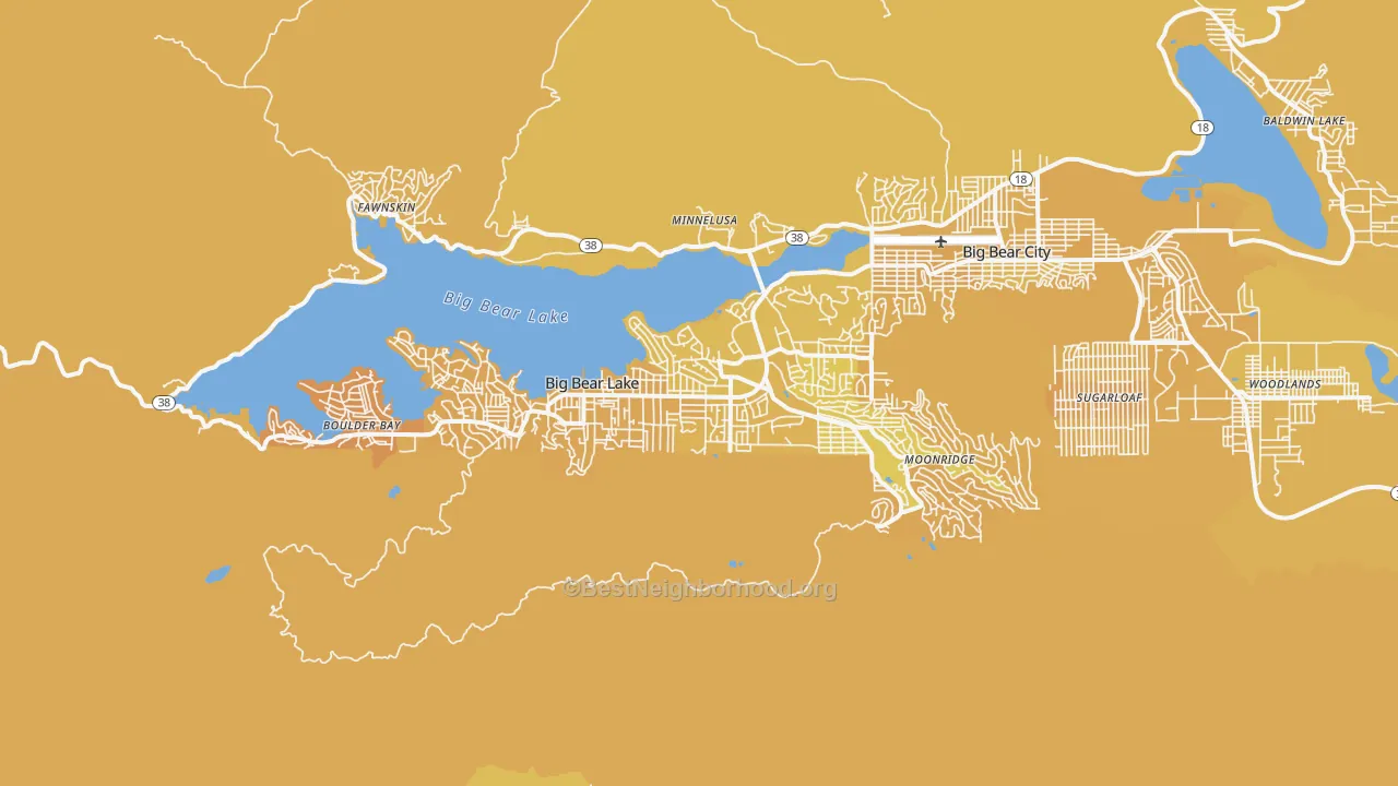Map of the best neighborhoods in the Big Bear Lake area, with better matches in green and worse matches in red
