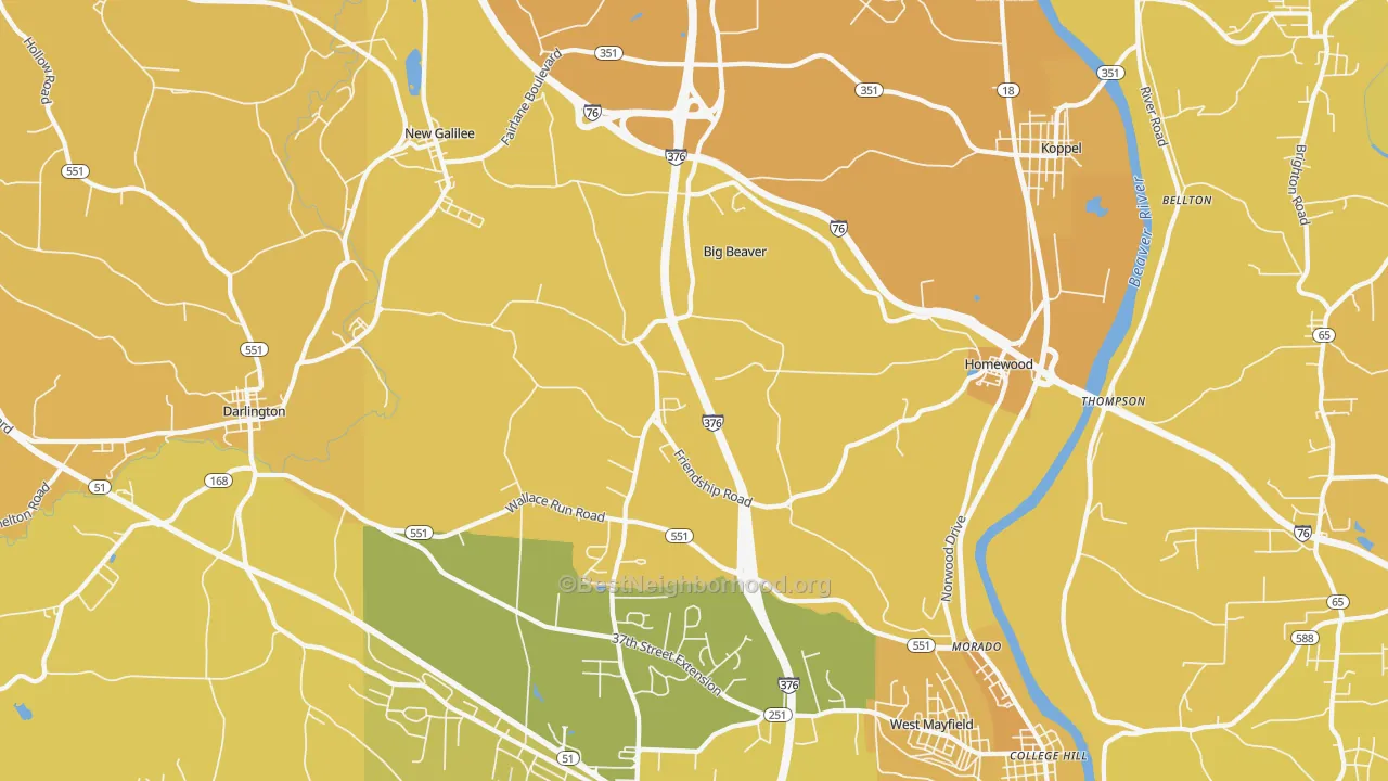 Map of the best neighborhoods in the Big Beaver area, with better matches in green and worse matches in red