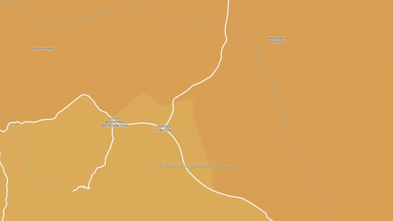 Map of the best neighborhoods in the Big Bend National Park area, with better matches in green and worse matches in red