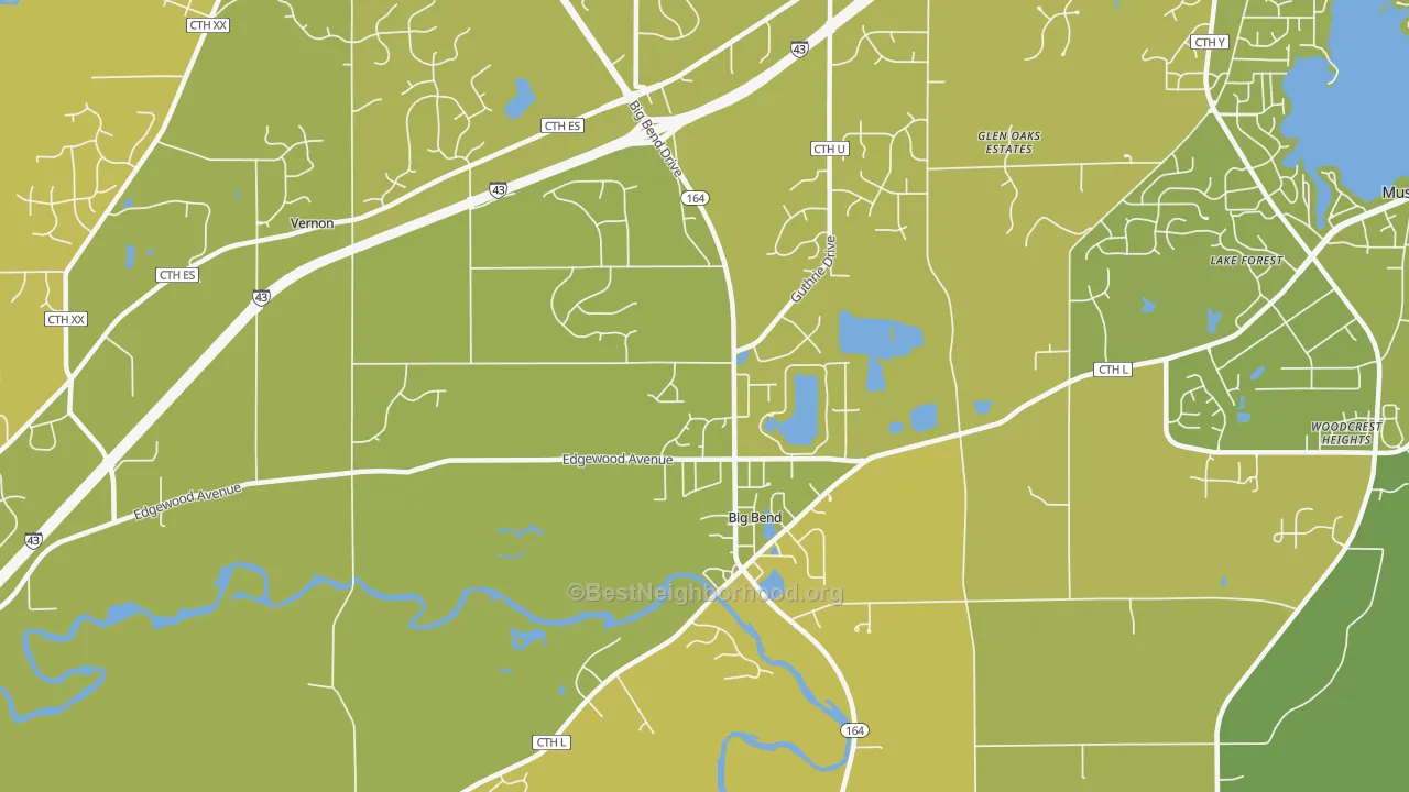 Map of the best neighborhoods in the Big Bend area, with better matches in green and worse matches in red