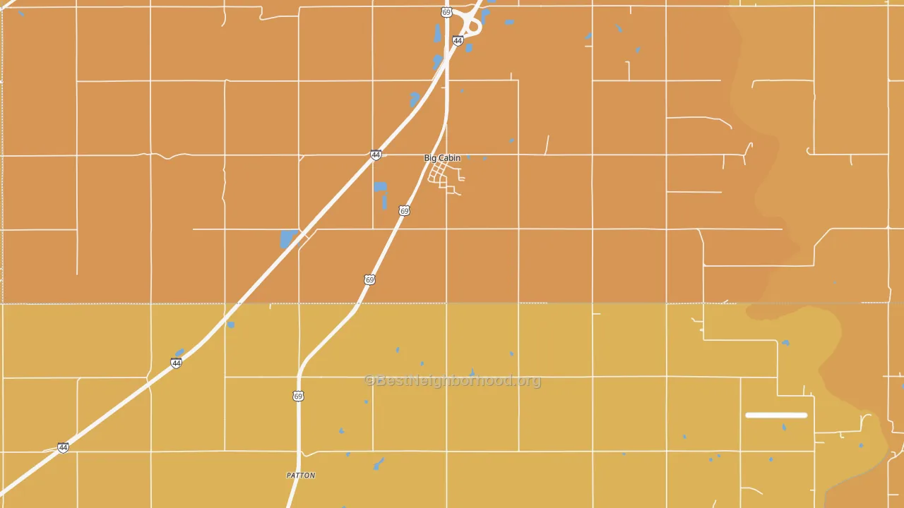 Map of the best neighborhoods in the Big Cabin area, with better matches in green and worse matches in red