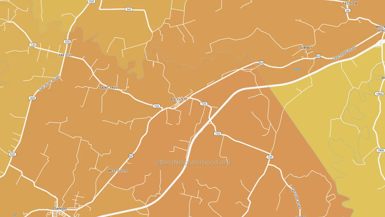 Map of the best neighborhoods in the Big Clifty area, with better matches in green and worse matches in red