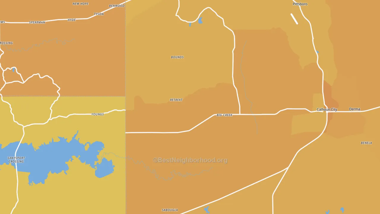 Map of the best neighborhoods in the Big Creek area, with better matches in green and worse matches in red