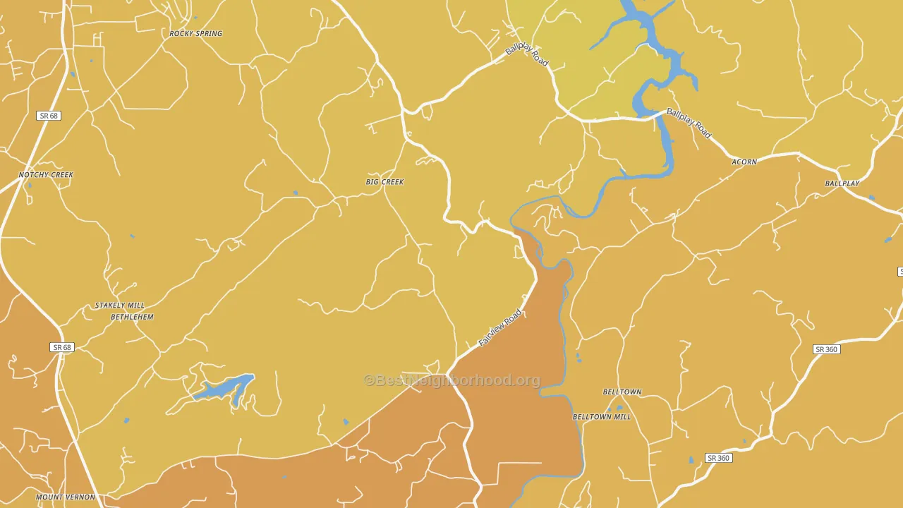 Map of the best neighborhoods in the Big Creek area, with better matches in green and worse matches in red