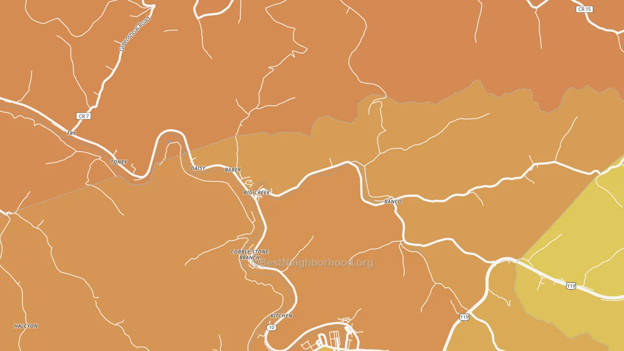 Map of the best neighborhoods in the Big Creek area, with better matches in green and worse matches in red