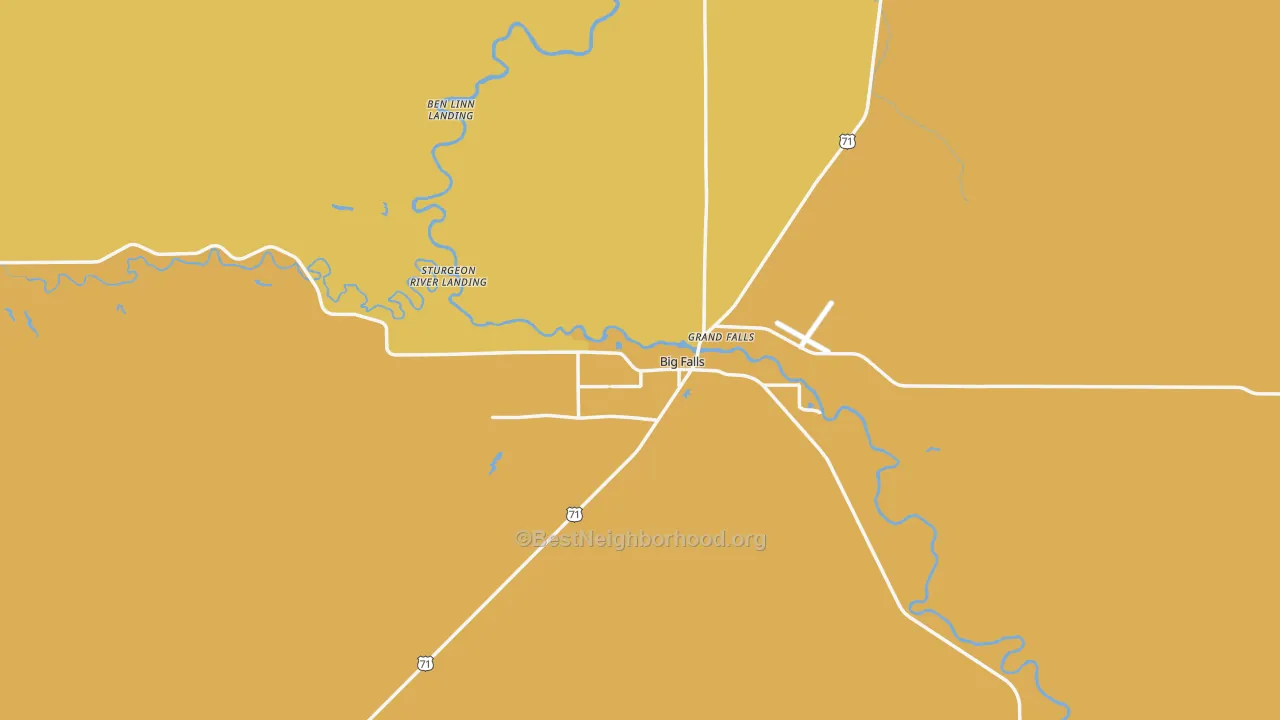 Map of the best neighborhoods in the Big Falls area, with better matches in green and worse matches in red