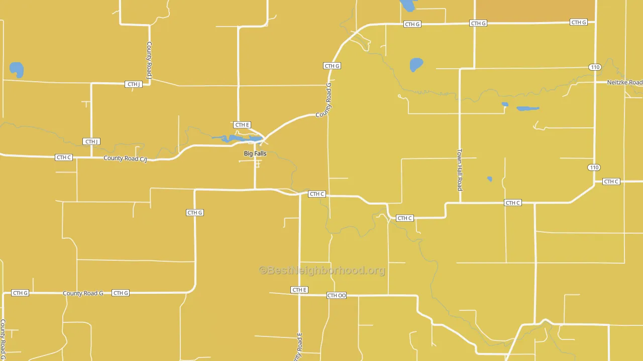 Map of the best neighborhoods in the Big Falls area, with better matches in green and worse matches in red