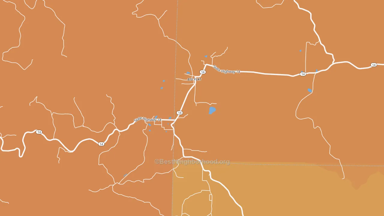 Map of the best neighborhoods in the Big Flat area, with better matches in green and worse matches in red