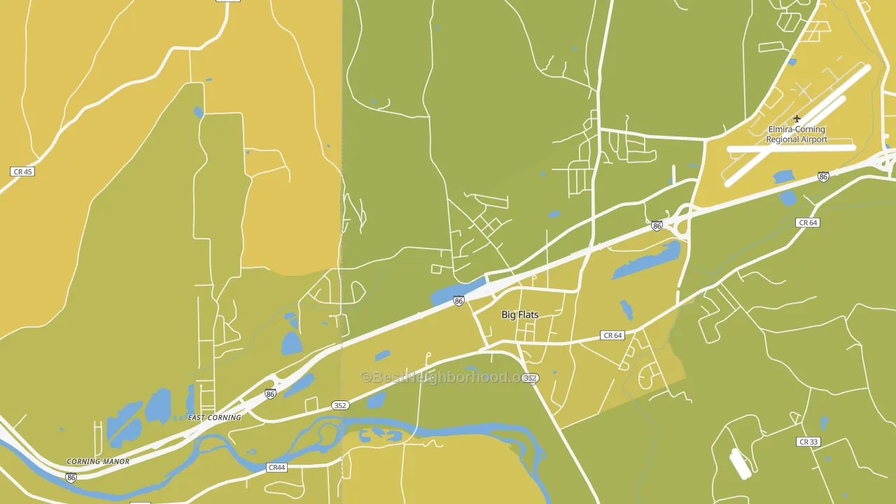 Map of the best neighborhoods in the Big Flats area, with better matches in green and worse matches in red