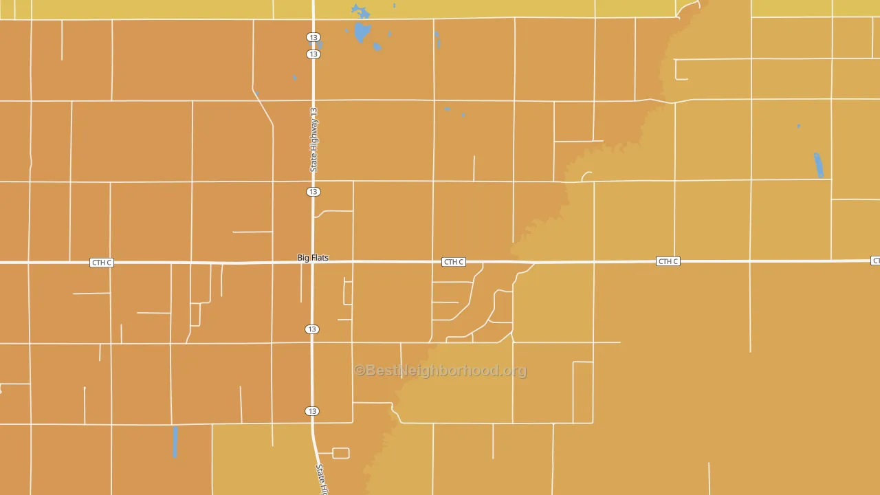 Map of the best neighborhoods in the Big Flats area, with better matches in green and worse matches in red