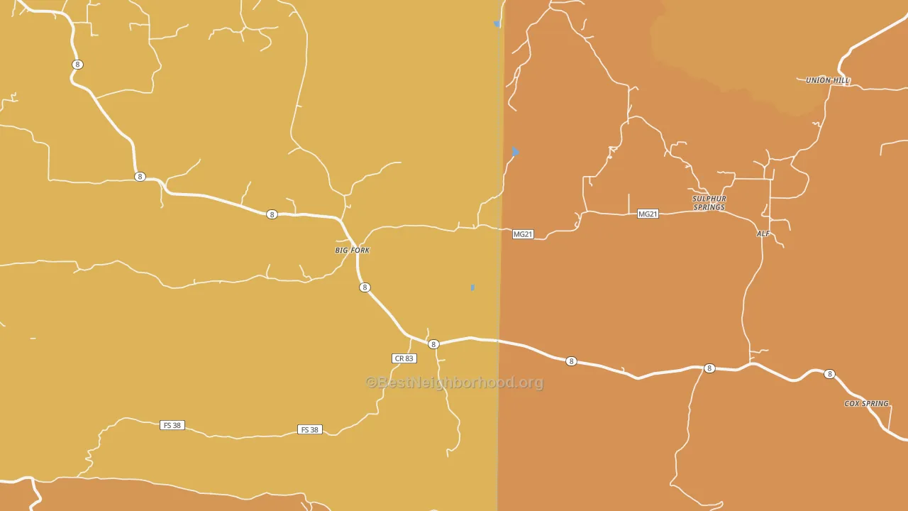 Map of the best neighborhoods in the Big Fork area, with better matches in green and worse matches in red