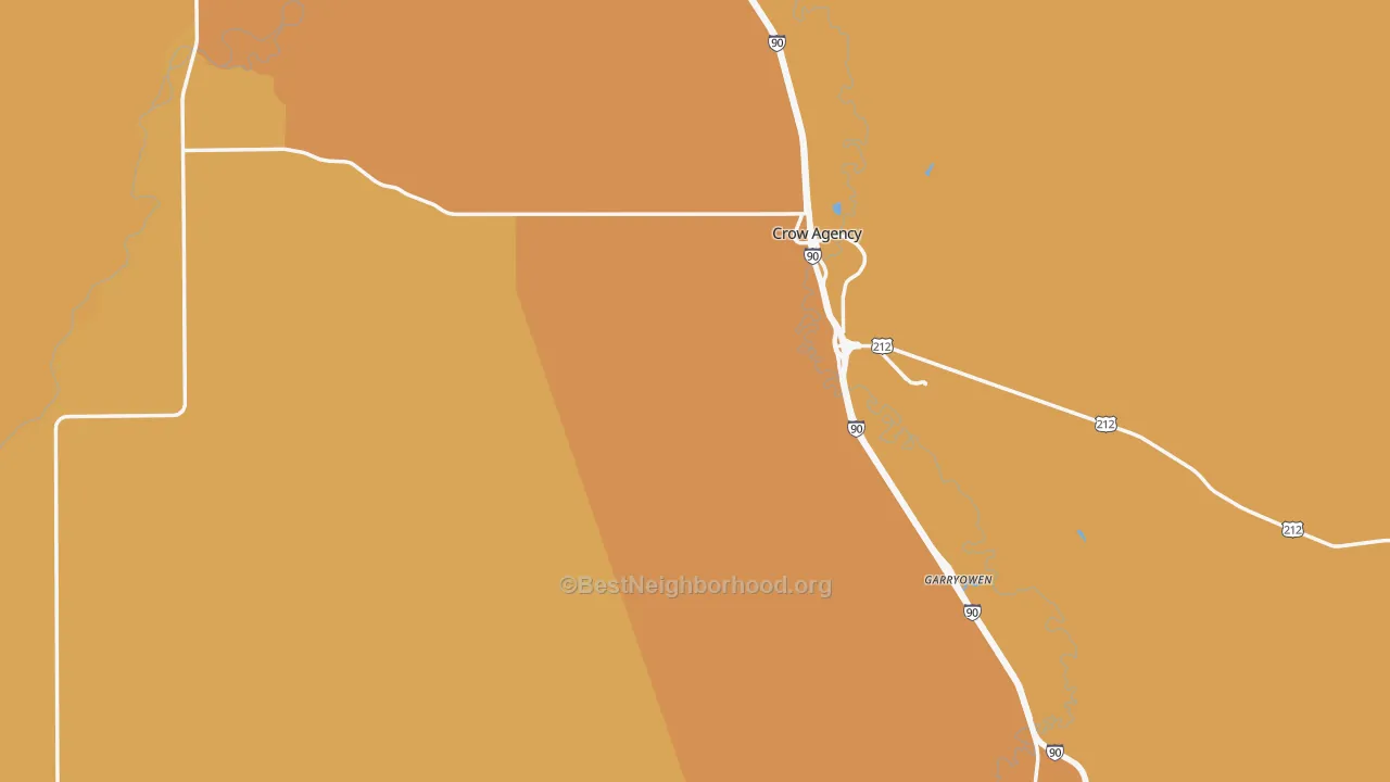 Map of the best neighborhoods in the Big Horn County area, with better matches in green and worse matches in red