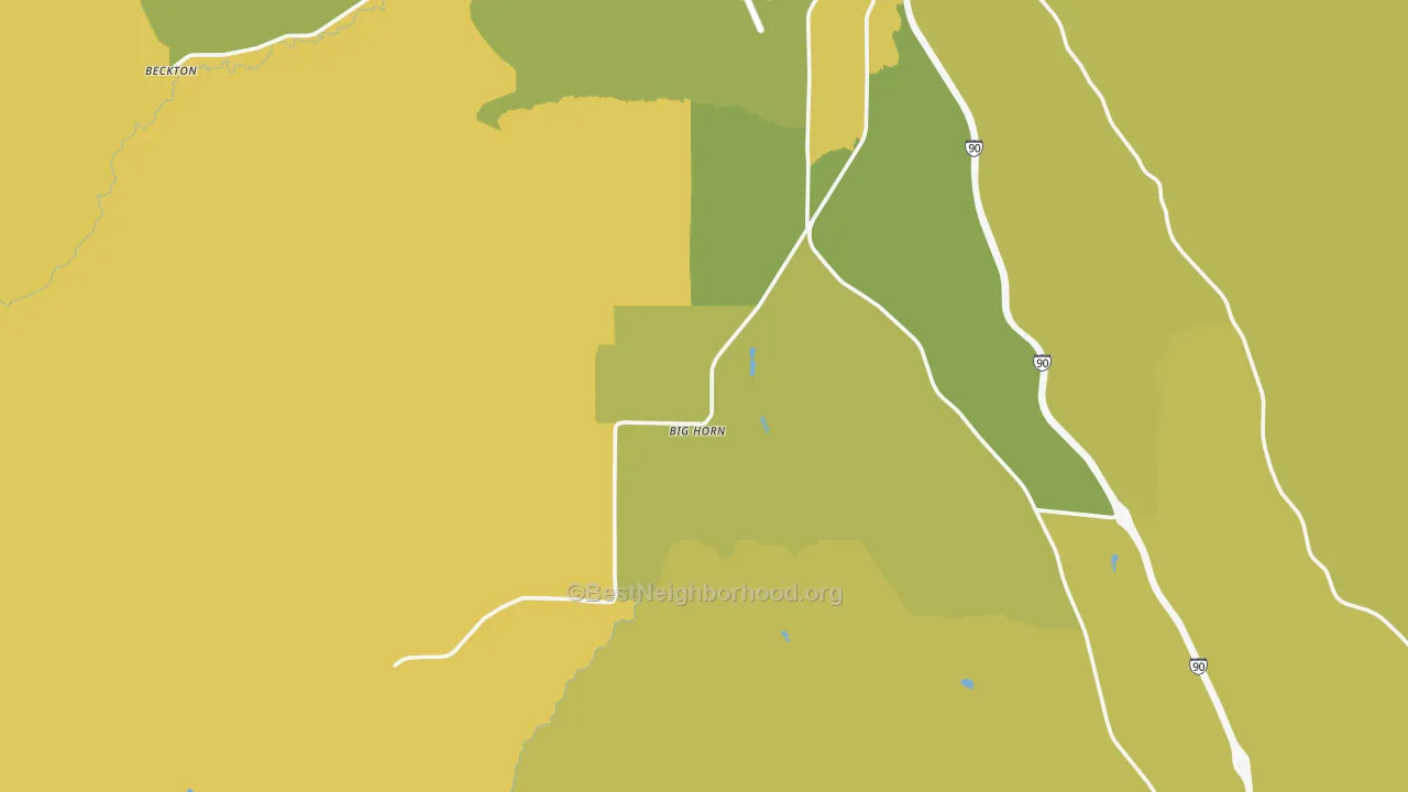 Map of the best neighborhoods in the Big Horn area, with better matches in green and worse matches in red