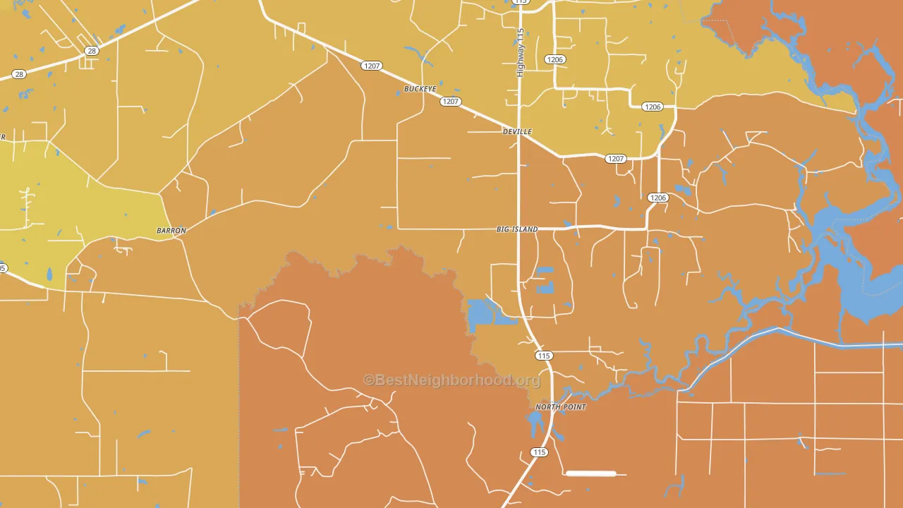 Map of the best neighborhoods in the Big Island area, with better matches in green and worse matches in red