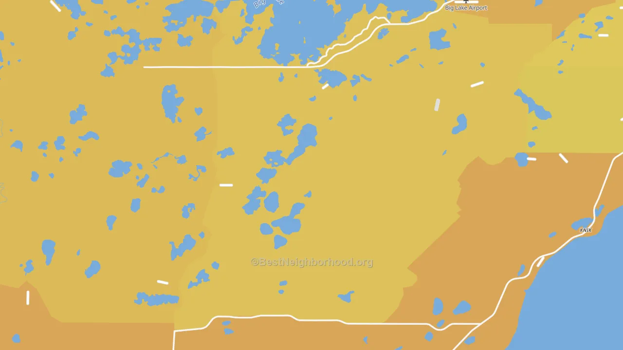 Map of the best neighborhoods in the Big Lake area, with better matches in green and worse matches in red
