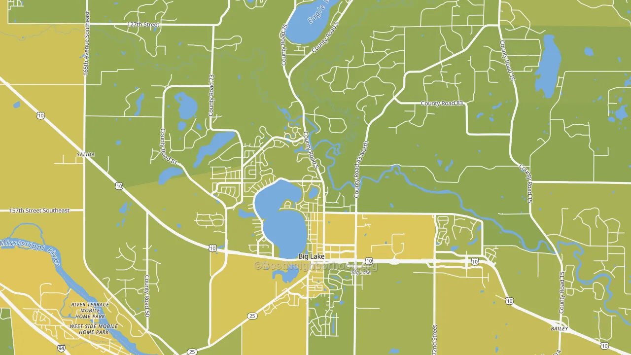 Map of the best neighborhoods in the Big Lake area, with better matches in green and worse matches in red